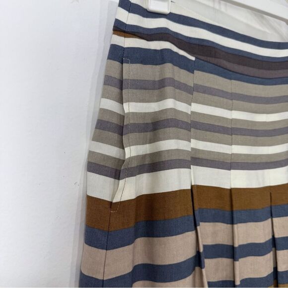 Banana Republic Brown Blue Cream Horizontal Striped A Line Pleated Linen Skirt - Picture 12 of 15